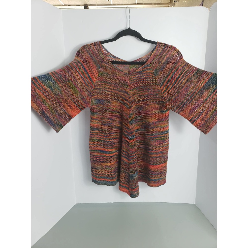 Multi Color Space Dye Knit V-Neck Top Wide Elbow Sleeve Boho Chevron Sweater